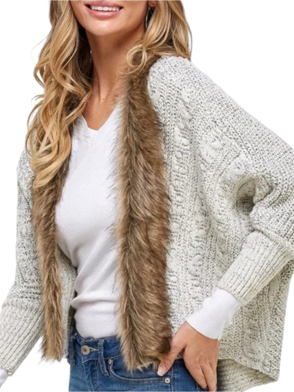 A. Gain Wool Blend Faux Fur Trim Cardigan S/M Lace Up Dolman Sweater Cream